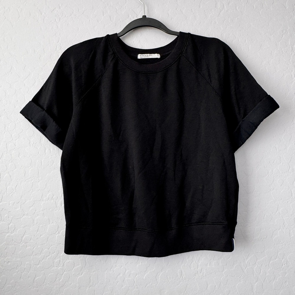 Stateside Small Short Sleeve Sweatshirt Black Raglan Rolled Cuff Soft ModalBlend